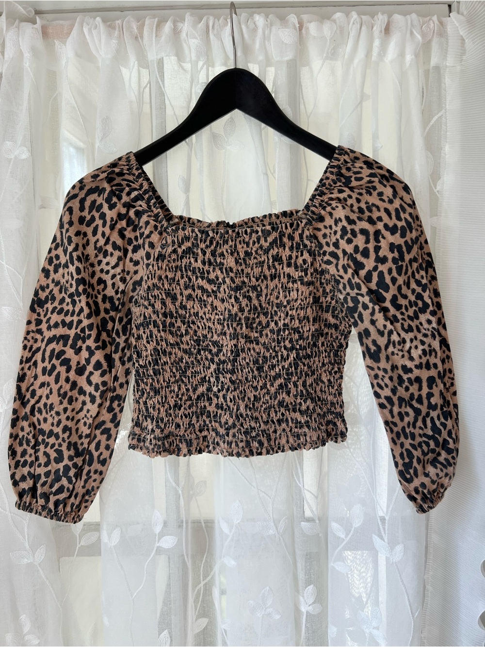 GAP Leopard Smocked Puff-Sleeve Crop Top - Brown/Black